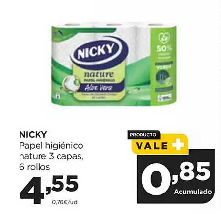 NICKY  
Papel higiénico nature 3 capas, 6 rollos  