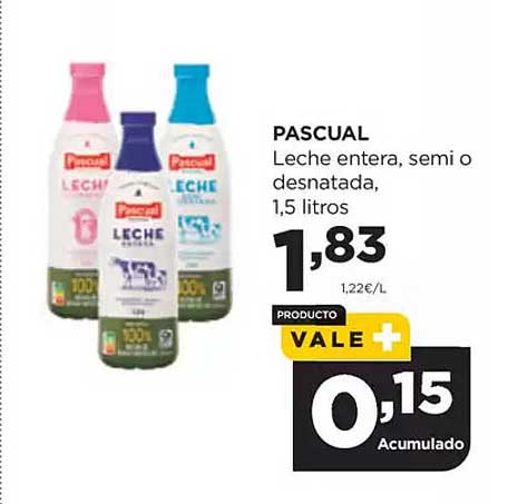 PASCUAL  
Leche entera, semi o desnatada, 1,5 litros