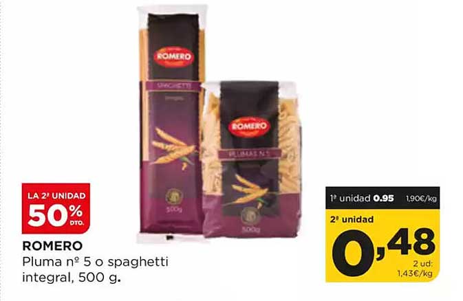 ROMERO Pluma n° 5 o spaghetti integral, 500 g.