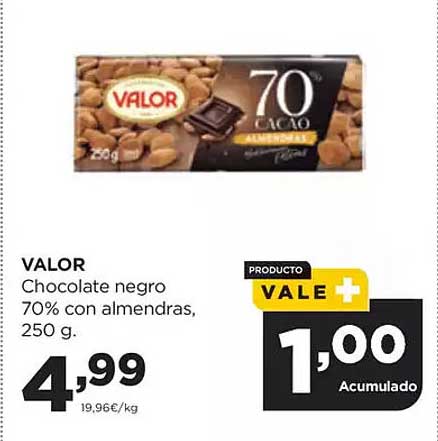 VALOR Chocolate negro 70% con almendras, 250 g.