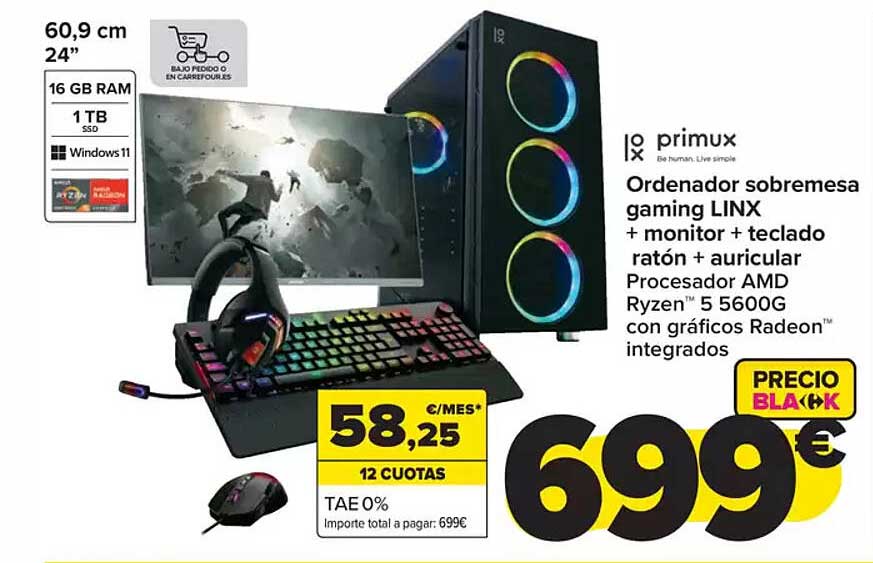 Ordenador sobremesa gaming LINX + monitor + teclado ratón + auricular Procesador AMD Ryzen™ 5 5600G con gráficos Radeon™ integrados