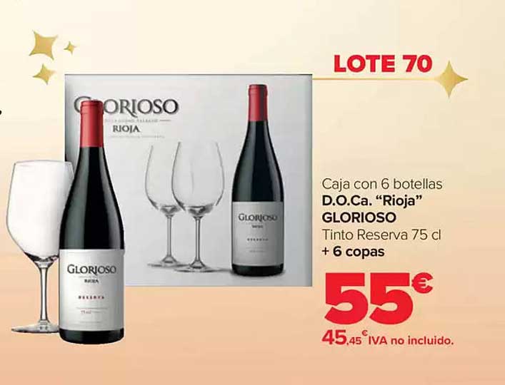 Caja con 6 botellas D.O.Ca. "Rioja" GLORIOSO Tinto Reserva 75 cl + 6 copas