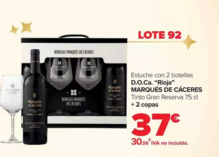 Estuche con 2 botellas D.O.Ca. “Rioja” MARQUÉS DE CÁCERES Tinto Gran Reserva 75 cl + 2 copas