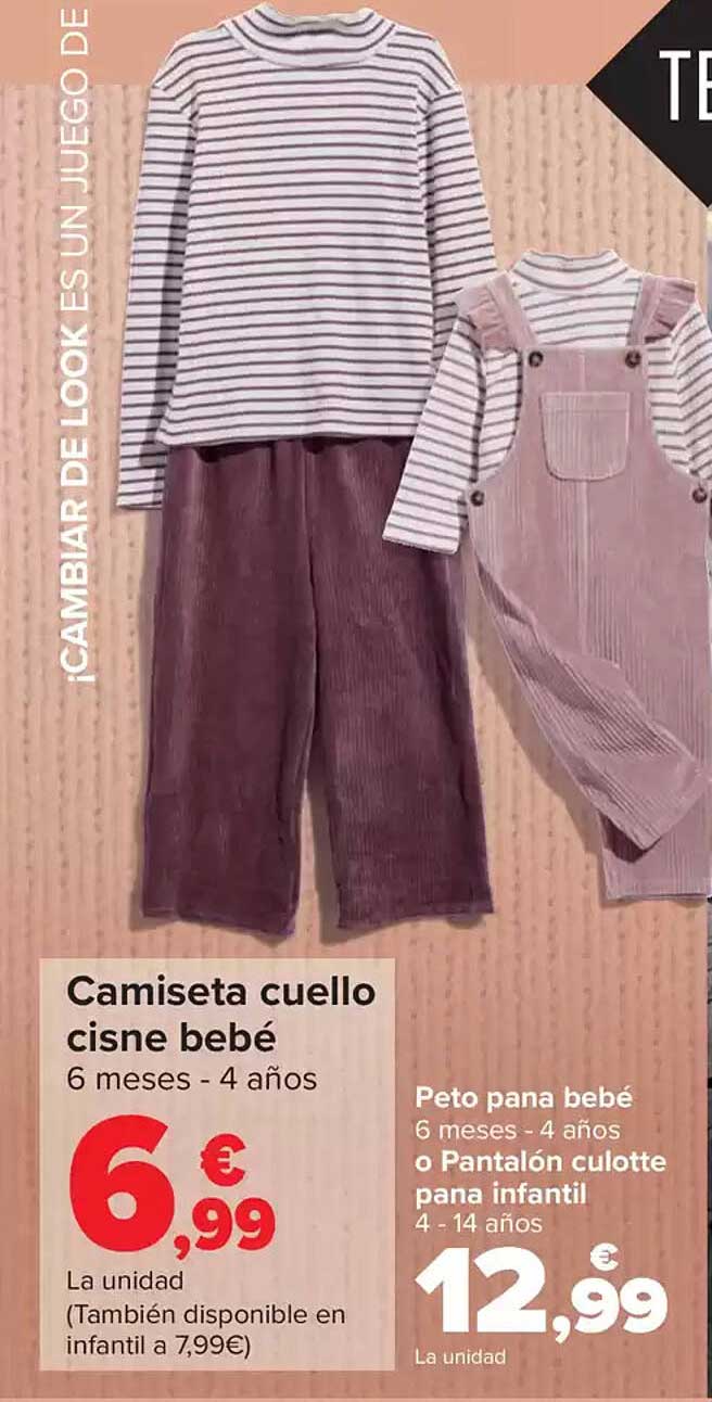 Camiseta cuello cisne bebé  
Peto pana bebé o Pantalón culotte pana infantil