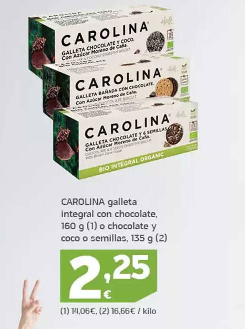 CAROLINA galleta integral con chocolate, 160 g (1) o chocolate y coco o semillas, 135 g (2)