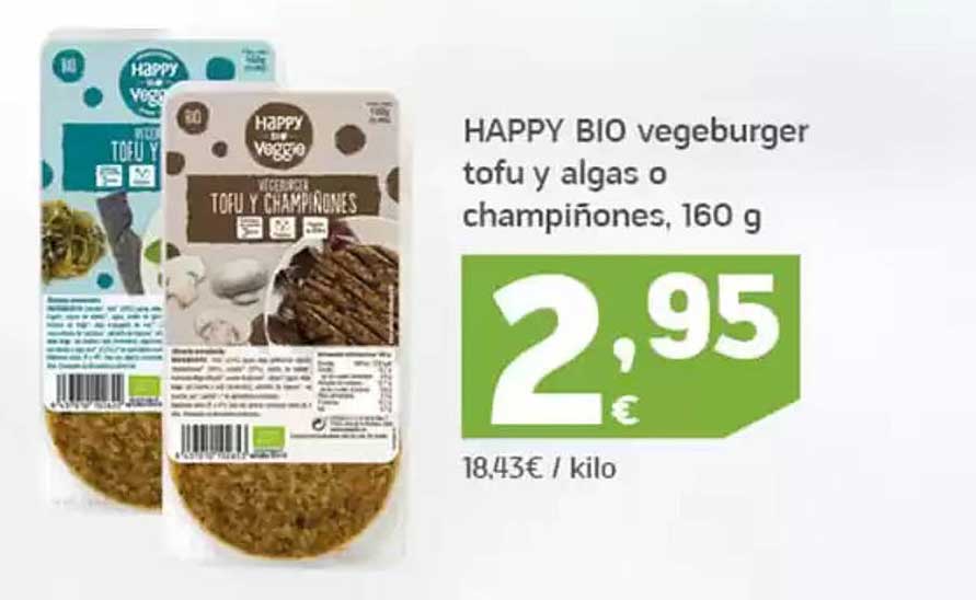 HAPPY BIO vegeburger tofu y algas o champiñones, 160 g