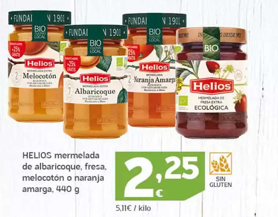 HELIOS mermelada de albaricoque, fresa, melocotón o naranja amarga