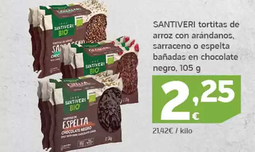 SANTIVERI tortitas de arroz con arándanos, sarraceno o espelta bañadas en chocolate negro