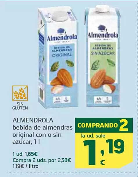 ALMENDROLA bebida de almendras original con o sin azúcar, 1 l