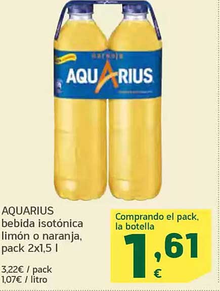 AQUARIUS bebida isotónica limón o naranja, pack 2x1,5 l