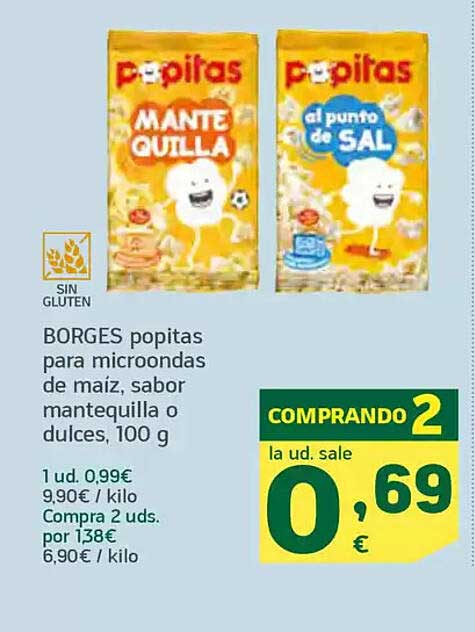 BORGES popitas para microondas de maíz, sabor mantequilla o dulces, 100 g