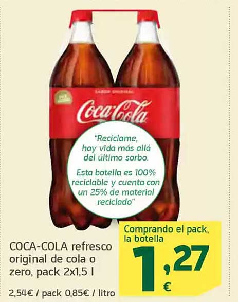 COCA-COLA refresco original de cola o zero, pack 2x1,5 l