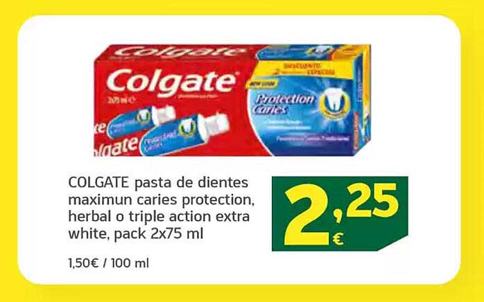 COLGATE pasta de dientes maximin caries protection, herbal o triple action extra white, pack 2x75 ml