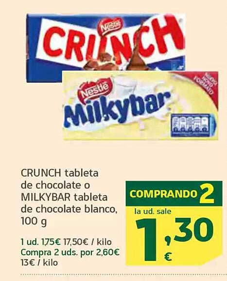 CRUNCH tableta de chocolate o MILKYBAR tableta de chocolate blanco, 100 g