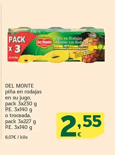 DEL MONTE piña en rodajas en su jugo, pack 3x230 g