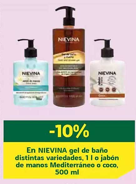 En NIEVINA gel de baño distintas variedades, 1 l o jabón de manos Mediterráneo o coco