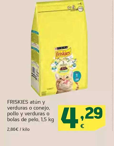 FRISKIES atún y verduras o conejo, pollo y verduras o bolas de pelo, 1,5 kg