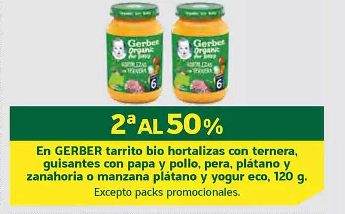 Gerber tarrito bio hortalizas con ternera, guisantes con papa y pollo, pera, plátano y zanahoria o manzana plátano y yogur eco, 120 g.