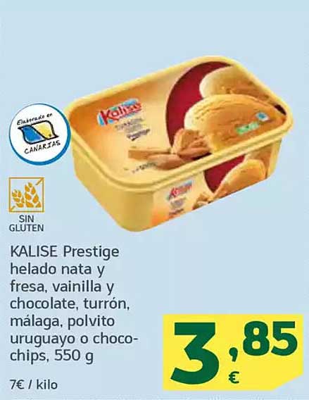 KALISE Prestige helado nata y fresa, vainilla y chocolate, turrón, Málaga, polvito uruguayo o chocochips