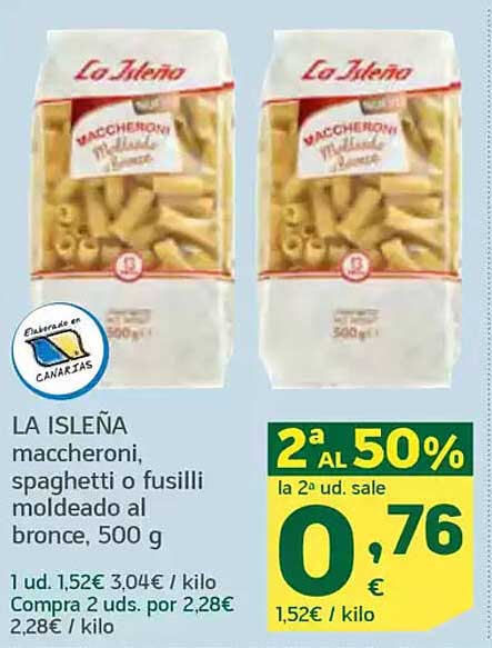 LA ISLEÑA maccheroni, spaghetti o fusilli moldeado al bronce, 500 g