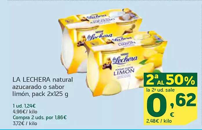 LA LECHERA natural azucarado o sabor limón, pack 2x125 g