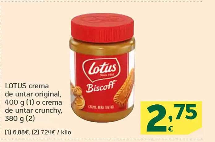 LOTUS crema de untar original, 400 g (1) o crema de untar crunchy, 380 g (2)