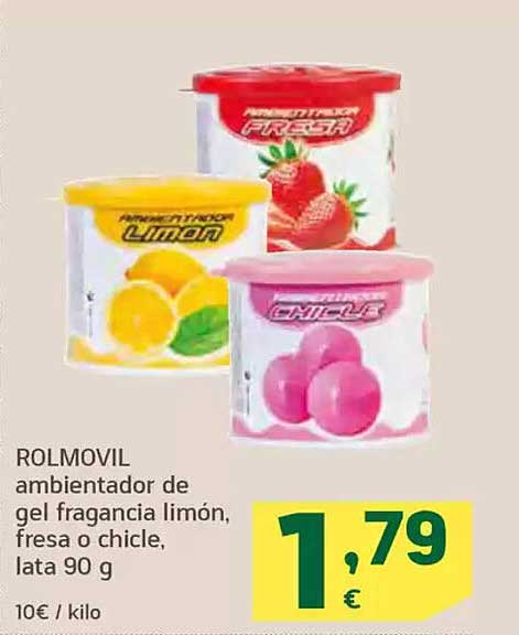 ROLMOVIL ambientador de gel fragancia limón, fresa o chicle, lata 90 g