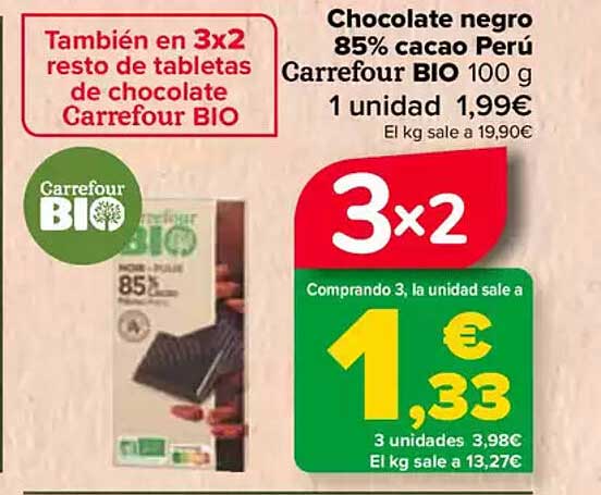 Chocolate negro 85% cacao Perú Carrefour BIO