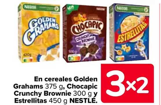 En cereales Golden Grahams, Chocapic Crunchy Brownie y Estrellitas NESTLE.