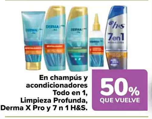 En champús y acondicionadores Todo en 1, Limpieza Profunda, Derma X Pro y 7 en 1 H&S.