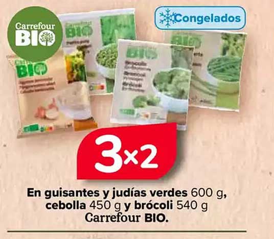 En guisantes y judías verdes, cebolla y brócoli Carrefour BIO.