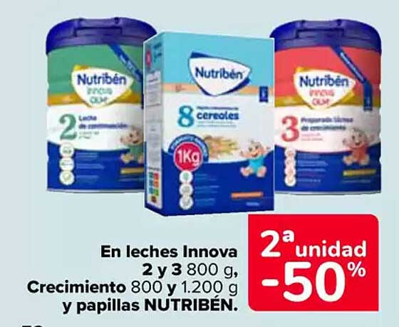 En leches Innova 2 y 3 800 g, Crecimiento 800 y 1.200 g y papillas NUTRIBÉN.