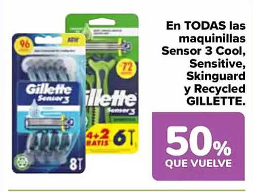 En TODAS las maquinillas Sensor 3 Cool, Sensitive, Skinguard y Recycled GILLETTE.