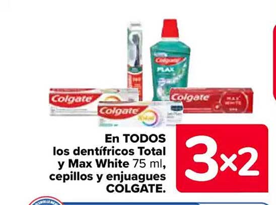 En TODOS los dentífricos Total y Max White 75 ml, cepillos y enjuagues COLGATE.