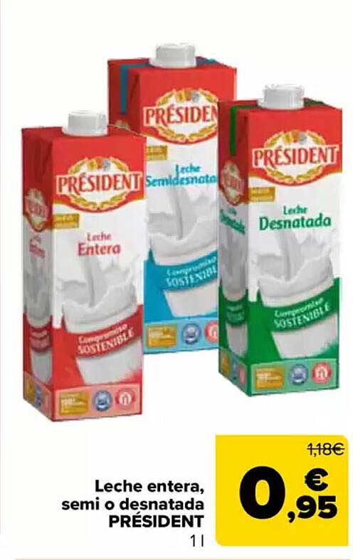 Leche entera, semi o desnatada PRESIDENT 