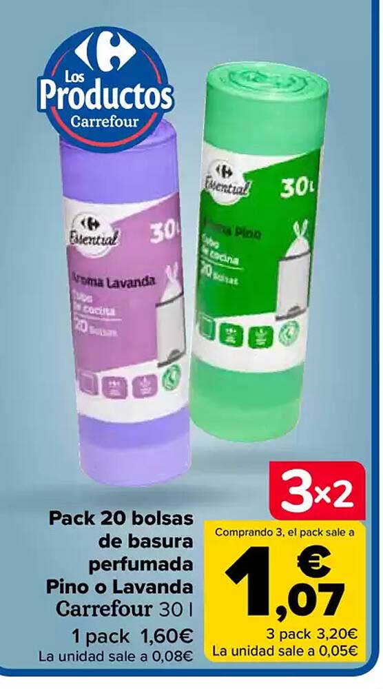 Pack 20 bolsas de basura perfumada Pino o Lavanda Carrefour 30 l