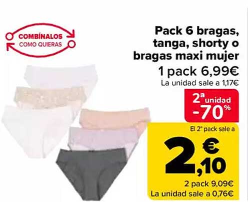 Pack 6 bragas, tanga, shorty o bragas maxi mujer