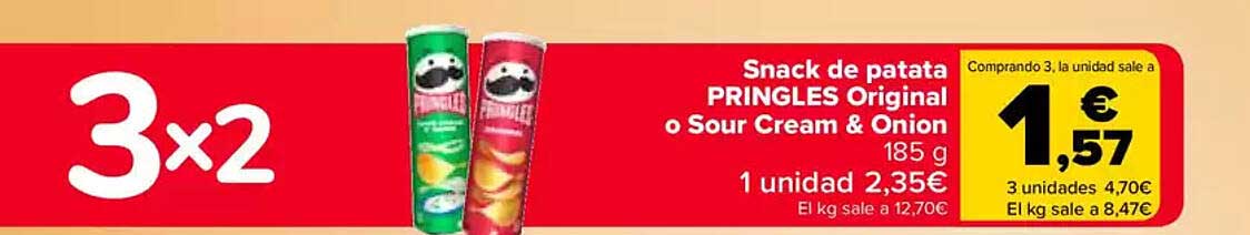 Snack de patata PRINGLES Original o Sour Cream & Onion