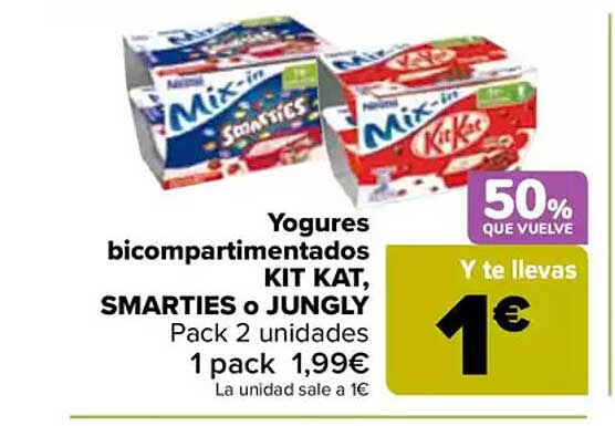 Yogures bicompartmentados KIT KAT, SMARTIES o JUNGLY