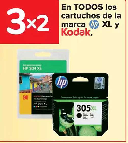 3x2 en TODOS los cartuchos de la marca hp XL y Kodak.