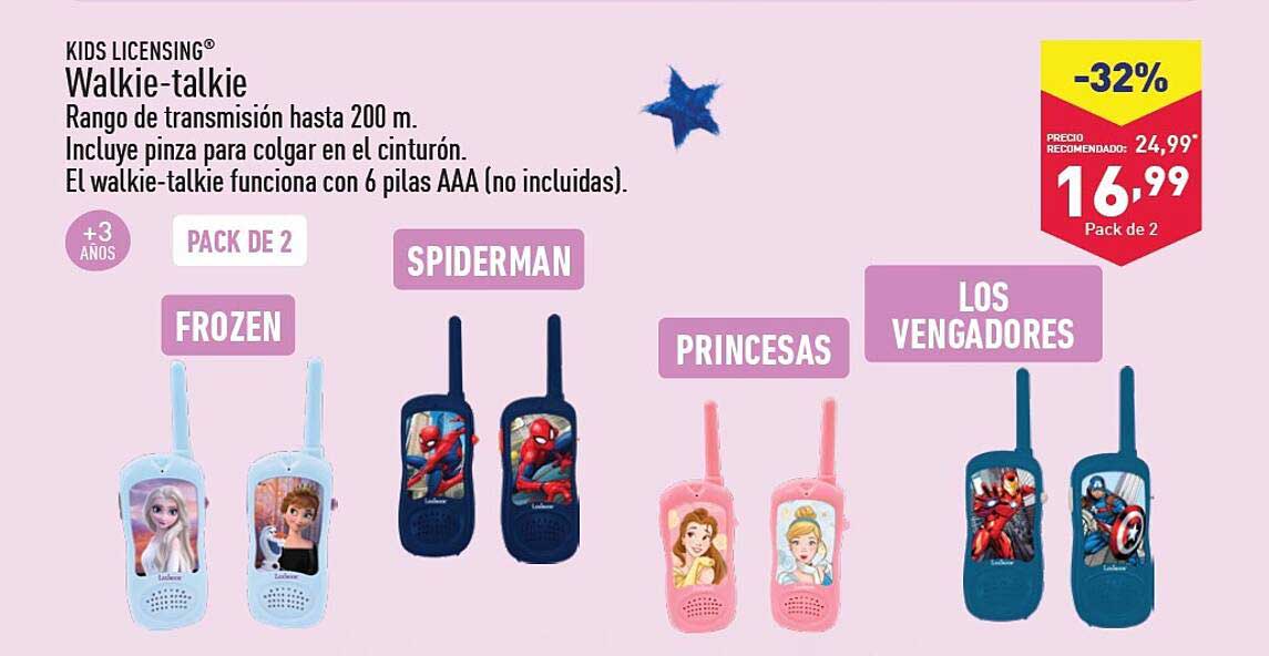 Walkie-talkie Pack de 2 Frozen, Spiderman, Princesas, Los Vengadores