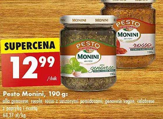 Pesto Monini, 190 g: alla genovese, rucola, rosso z suszonymi pomidorami; genovese vegan, calabrese z papryką i ricottą