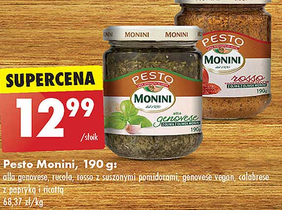 Pesto Monini, 190 g: alta genovese, rucola, rosso z suszonymi pomidorami; genovese vegan, calabrese z papryką i ricottą