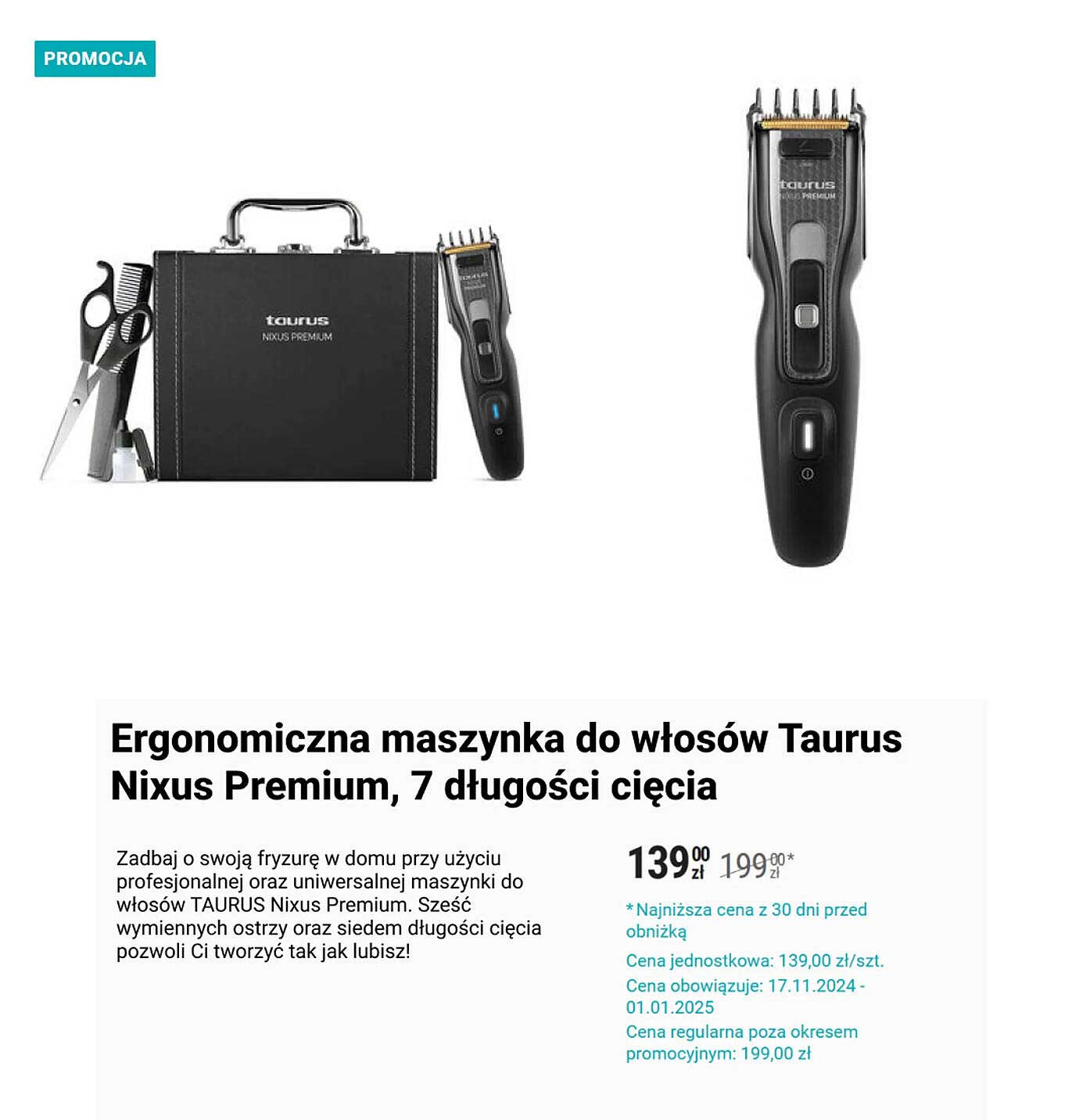 Ergonomiczna maszynka do włosów Taurus Nexus Premium, 7 długości cięcia
