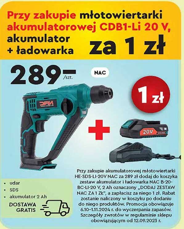 młotowiertarka akumulatorowa CDB1-Li 20 V, akumulator + ładowarka