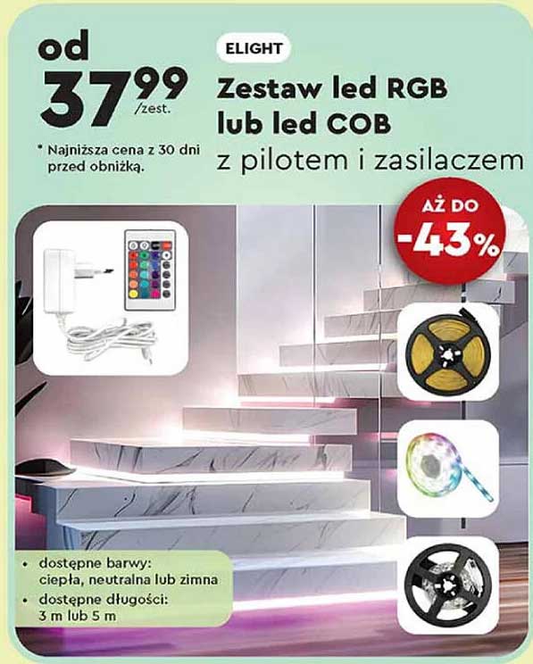 Zestaw led RGB lub led COB z pilotem i zasilaczem