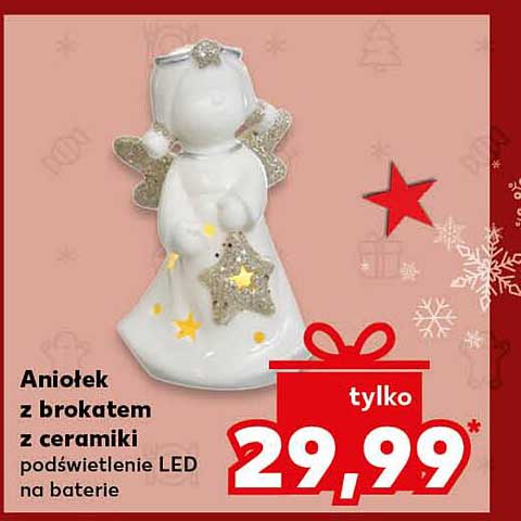 Aniołek z brokatem z ceramiki podświetlenie LED na baterie