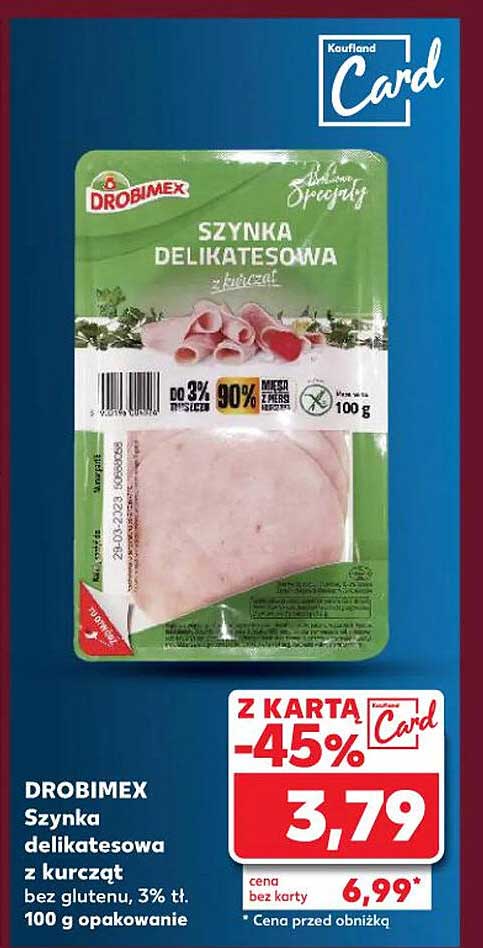 DROBMEX Szynka delikatesowa z kurcząt bez glutenu, 3% tł. 100 g opakowanie