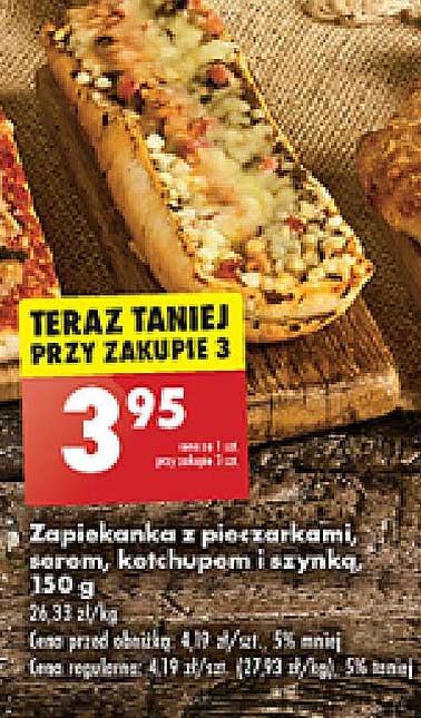 Zapiekańka z pieczarkami, serem, ketchupami i szynką, 150 g