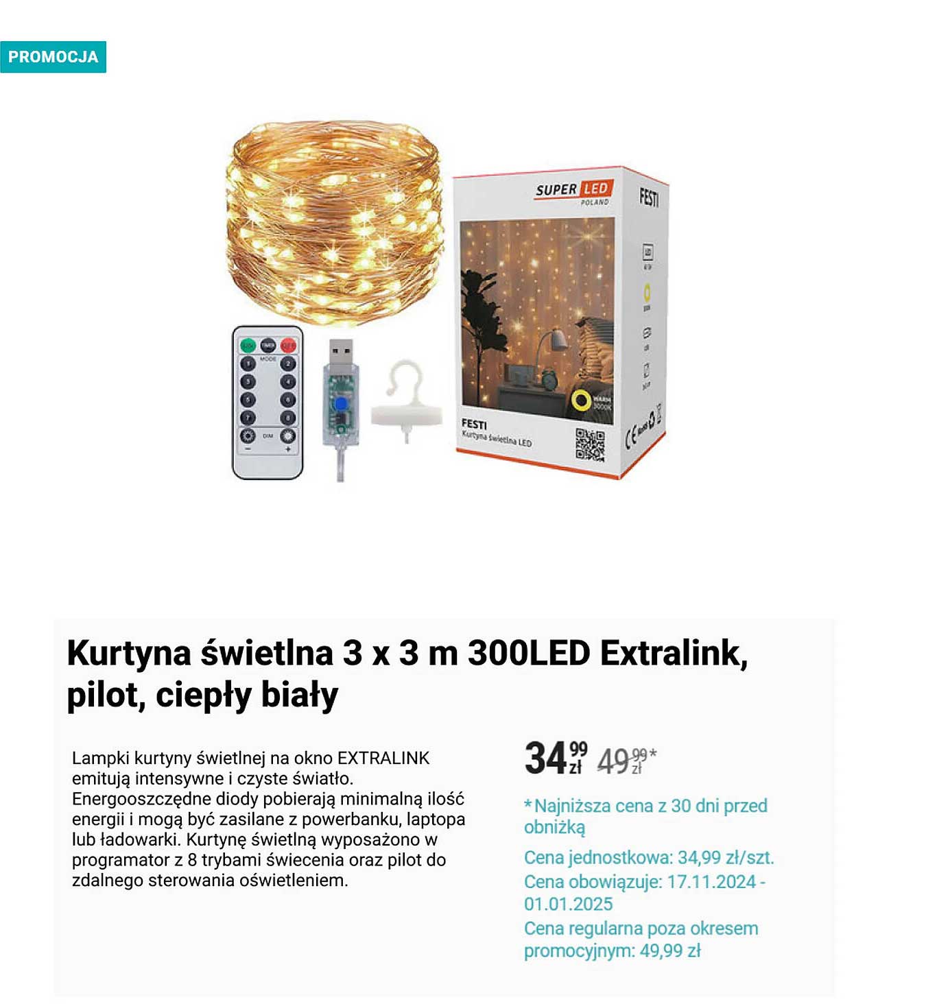 Kurtyna świetlna 3 x 3 m 300LED Extralink, pilot, ciepły biały